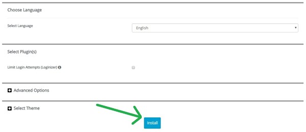 Softaculous Language selection Install button Softaculous Language selection Install button