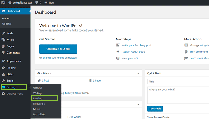 WordPress Settings Reading Menu WordPress Settings Reading Menu
