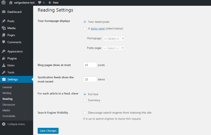 WordPress Reading Settings page WordPress Reading Settings page